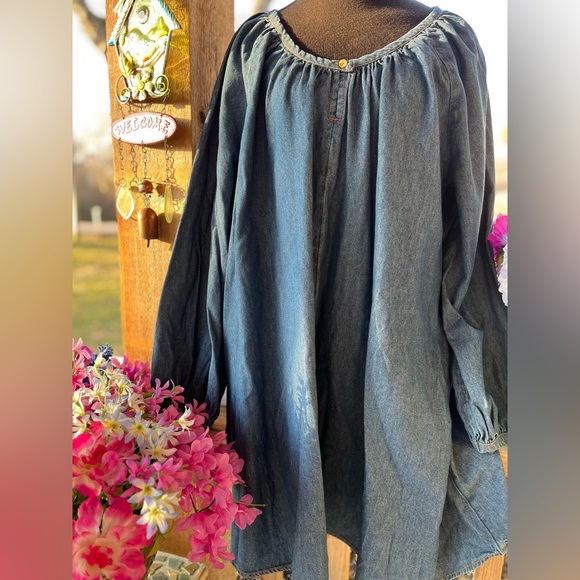 Melrose and Market Dresses & Skirts - Melrose & Market Peasant Blue Cotton Denim Pullover Dress Puff Sleeves & Pockets